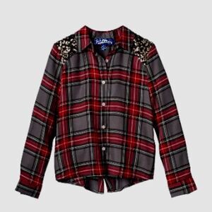 Freshman 1996 Plaid Button-Up Blouse W/ Sequin Bling Shoulders